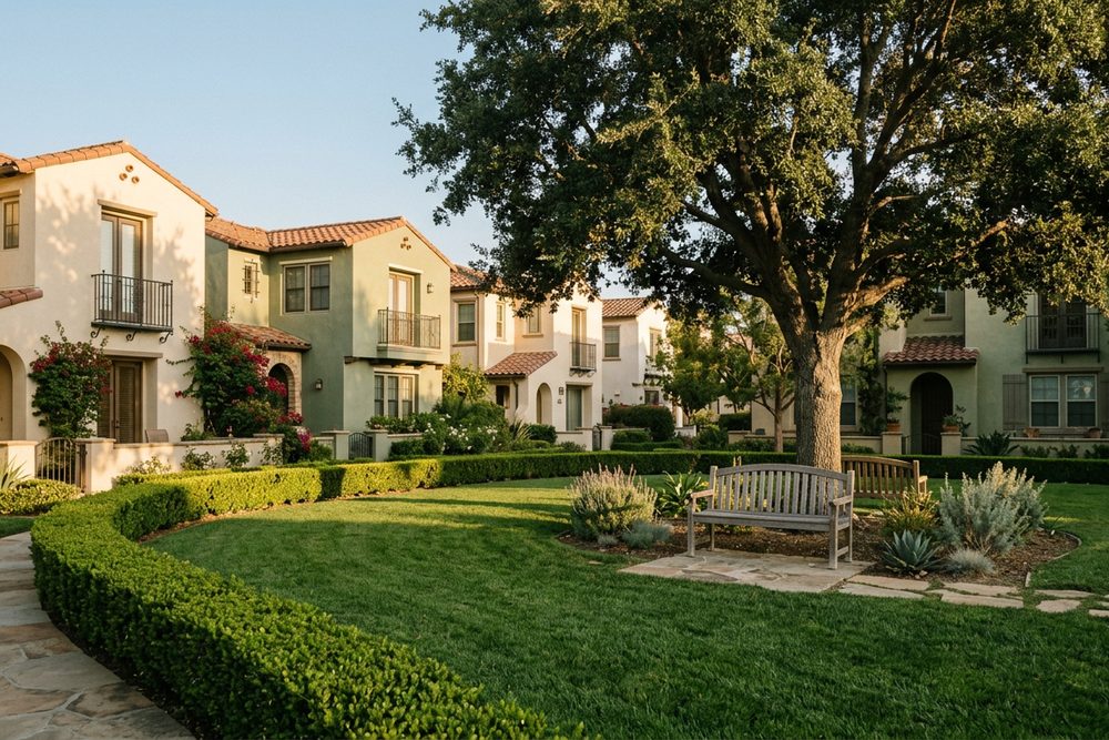 A well-kept community courtyard with trimmed lawn and a bench under a mature tree